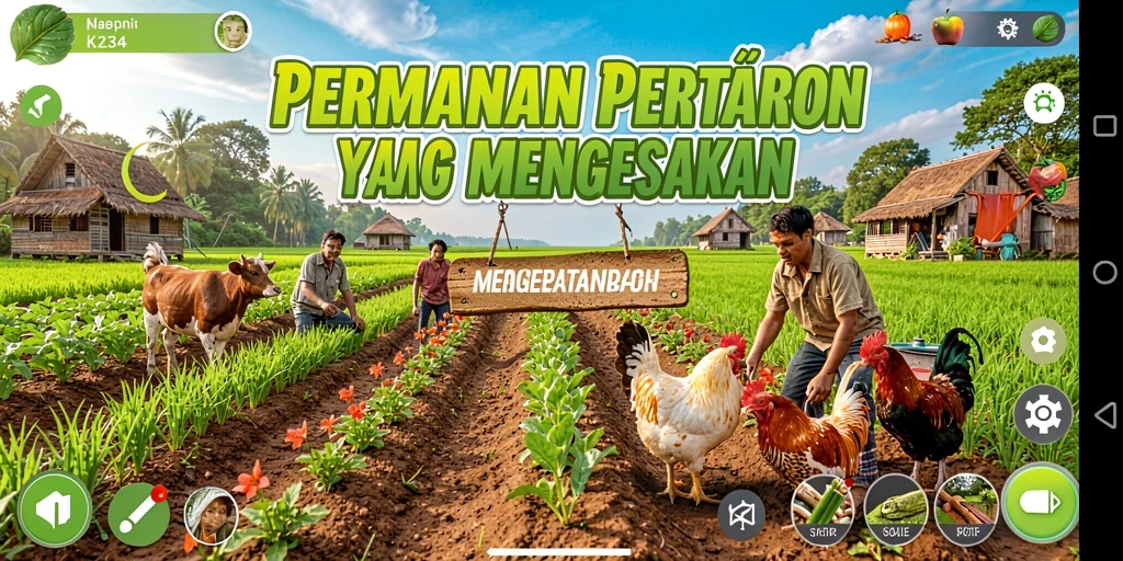 Tampilan gameplay K234 yang menampilkan kebun yang subur dan hewan ternak.