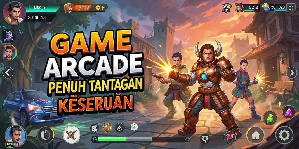 Screenshot utama PP7 menampilkan gameplay Arcade yang seru dan penuh aksi.