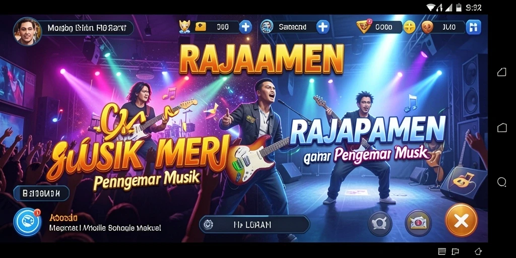 Tampilan gameplay seru dalam RAJAPAMEN dengan berbagai lagu.