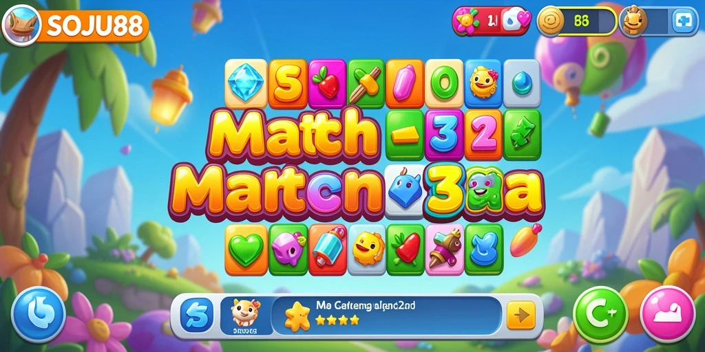 Tangkapan layar gameplay SOJU88 menampilkan keseruan permainan Match-3.
