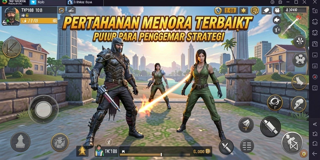 Screenshot gameplay TKP188 dengan menara dan musuh yang sedang bertarung.